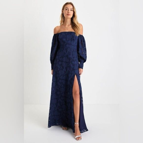 Lulus Radiantly Stunning Navy Blue Burnout Off-the-Shoulder Maxi Dress Size XS - Picture 3 of 16